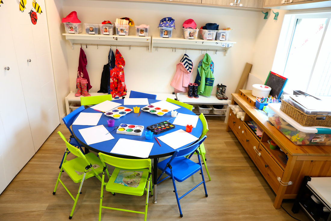 Art room with blue table